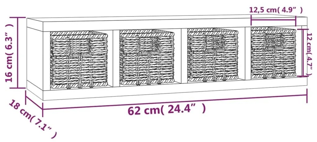 Ράφι Τοίχου με Καλάθια 62 x 18 x 16 εκ. από Μασίφ Ξύλο Καρυδιάς - Καφέ