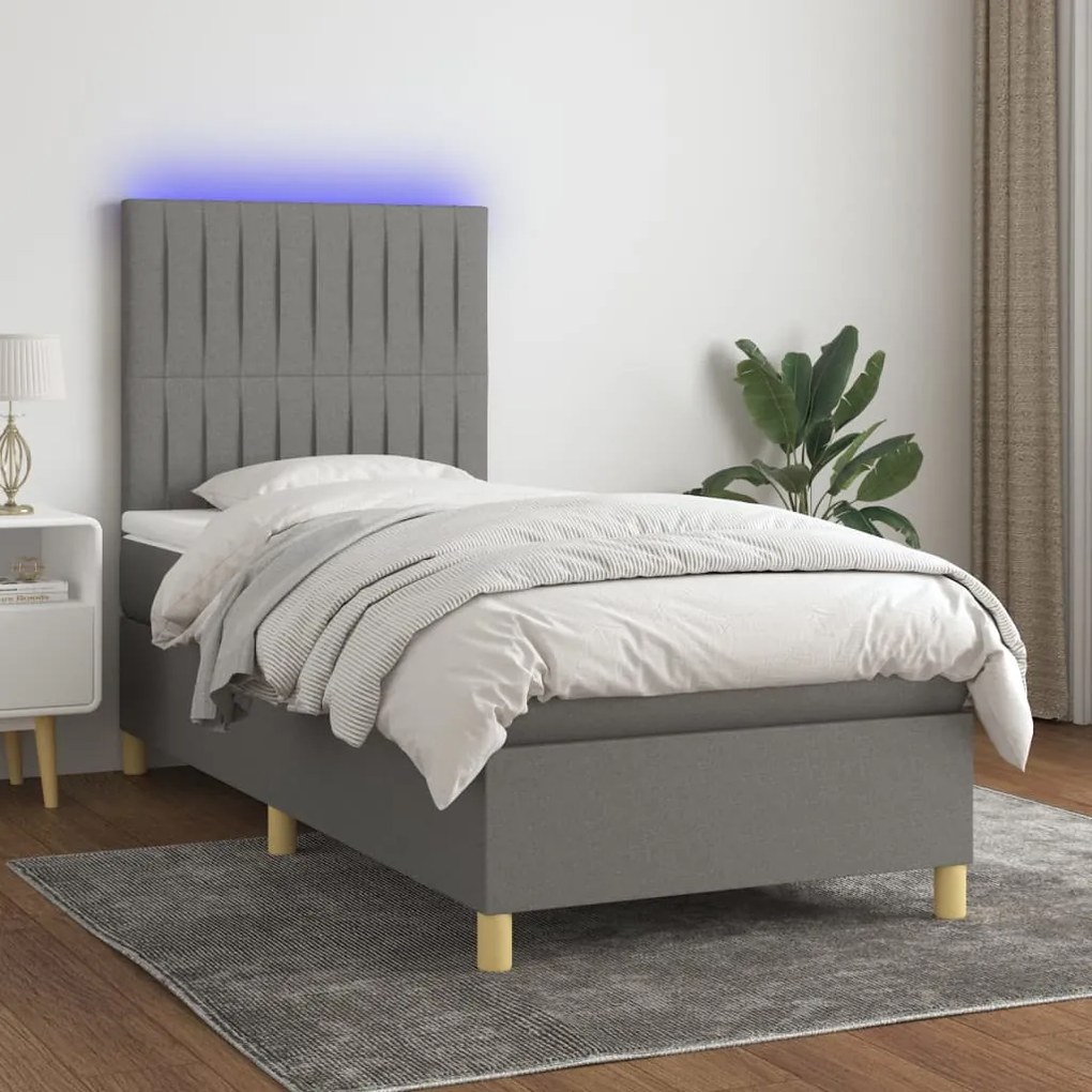 Κρεβάτι Boxspring με Στρώμα & LED Σκ.Γκρι 90x200 εκ. Υφασμάτινο