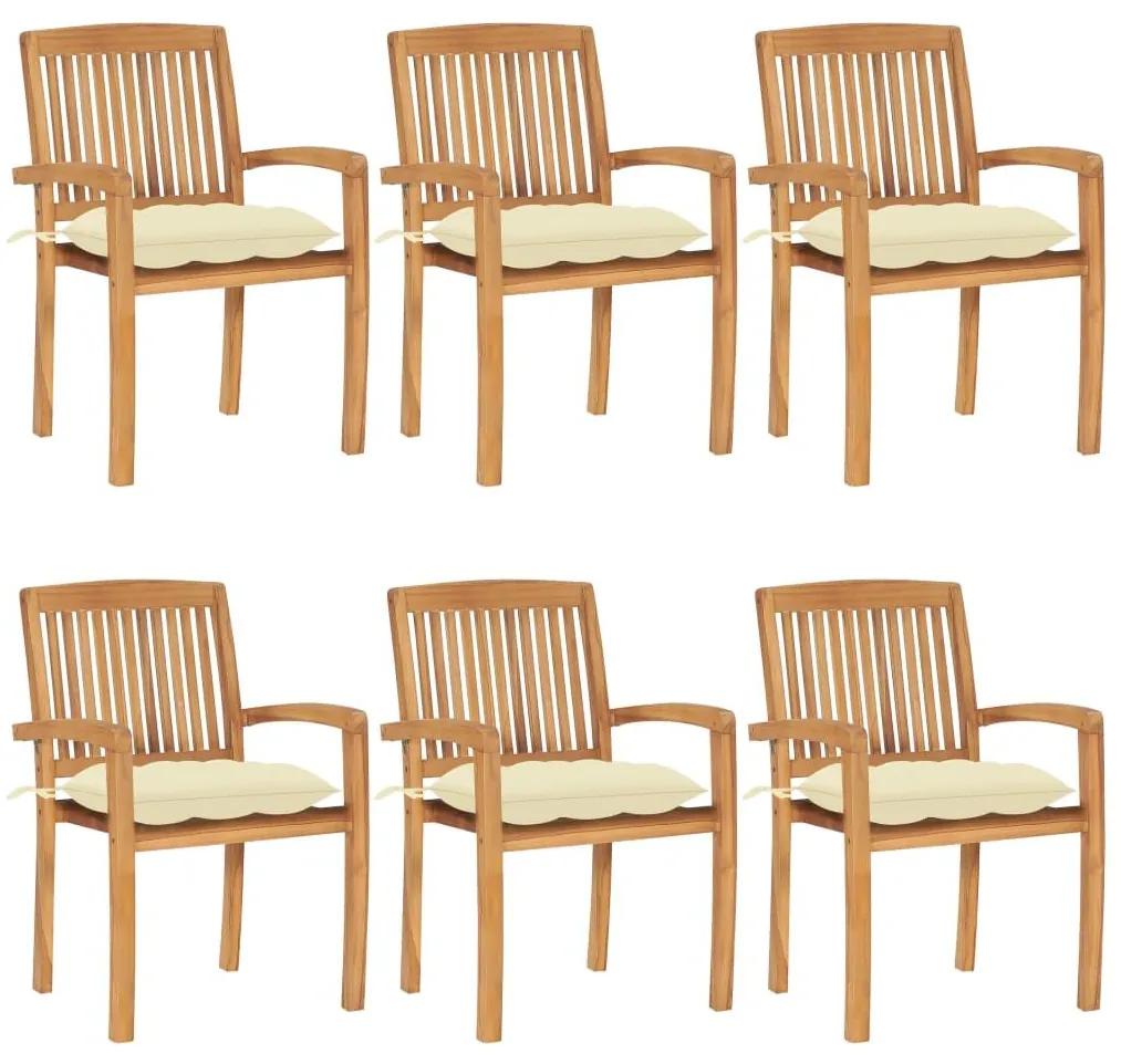 Καρέκλες Κήπου Στοιβαζόμενες 6 τεμ. Μασίφ Ξύλο Teak &amp; Μαξιλάρια - Λευκό