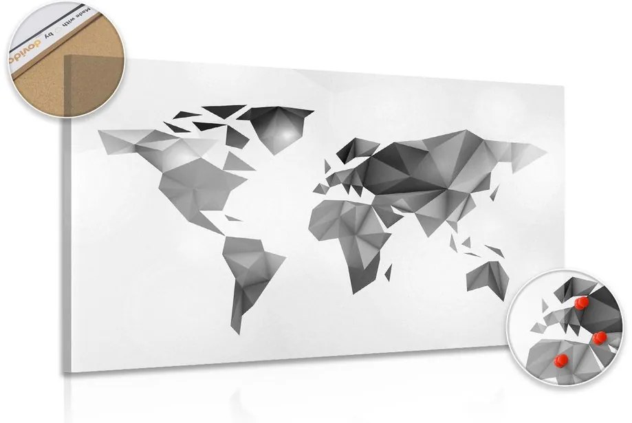 Εικόνα στον παγκόσμιο χάρτη φελλού σε στυλ origami σε ασπρόμαυρο σχέδιο - 90x60 color mix