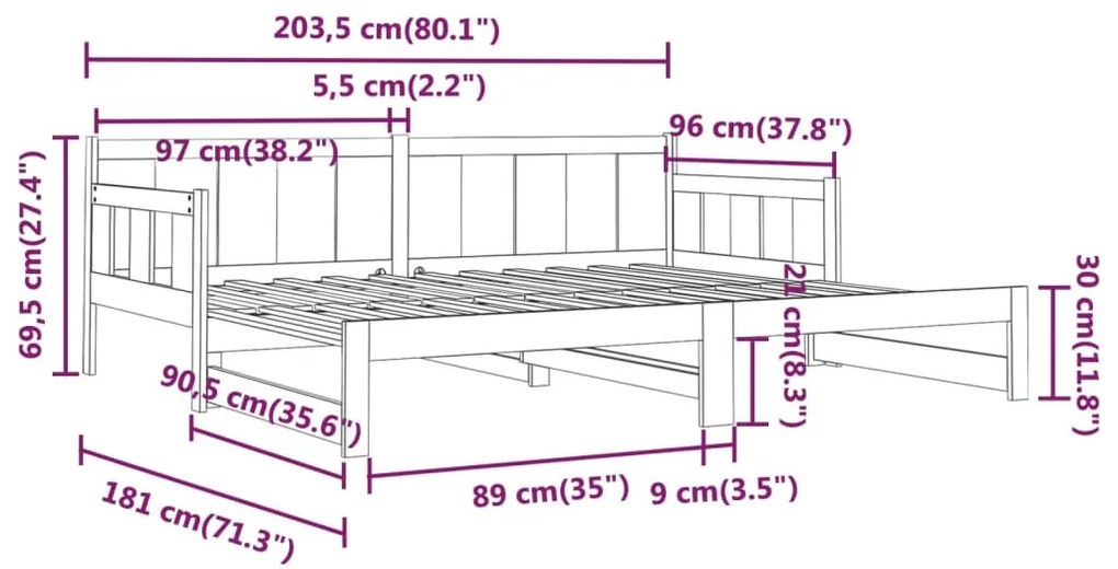 Καναπές Κρεβάτι Συρόμενος Λευκός 2x(90x200) εκ. από Μασίφ Πεύκο - Λευκό