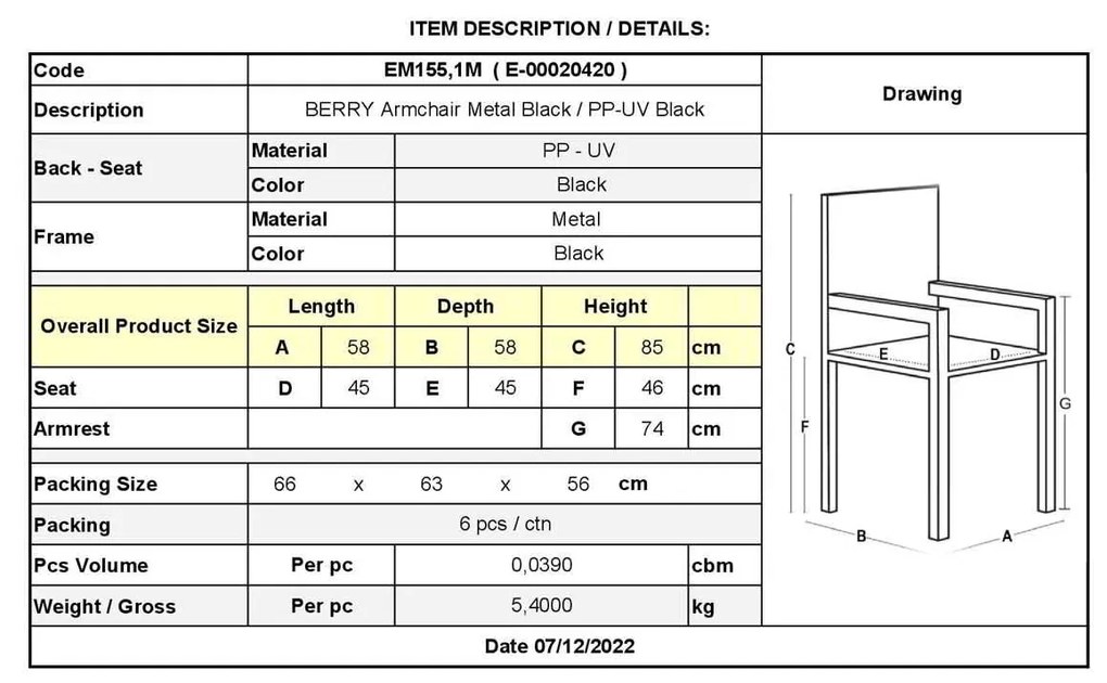 Πολυθρόνα BERRY Μεταλλική Μαύρη/PP-UV Μαύρο 58x58x85cm (Σετ 4 ΤΕΜ)