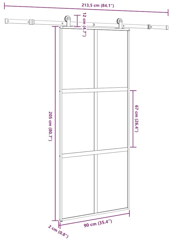 Συρόμενη πόρτα με σετ υλικού 90x205 cm από γυαλί&amp;Αλουμίνιο - Μαύρο