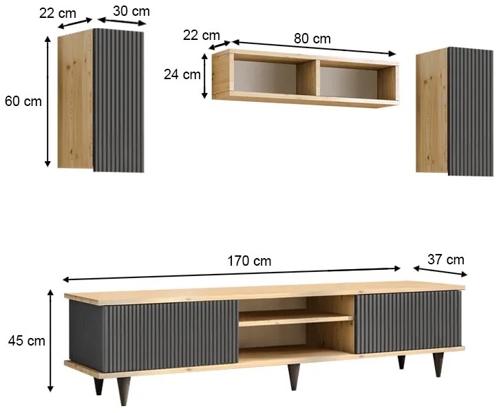 Σύνθεση τηλεόρασης Tokyo Megapap χρώμα sapphire oak - ανθρακί 170x37x45εκ.