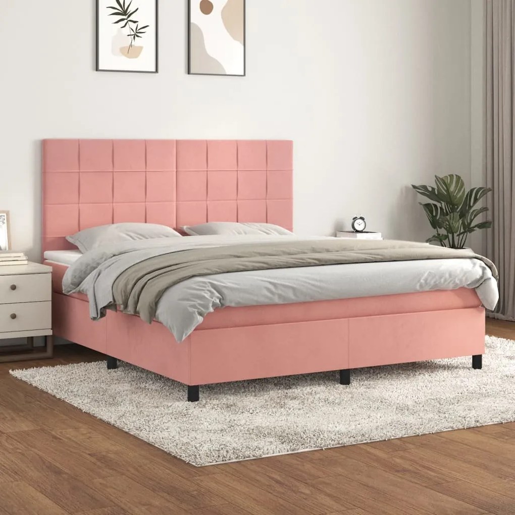 vidaXL Κρεβάτι Boxspring με Στρώμα Ροζ 160x200 εκ. Βελούδινο