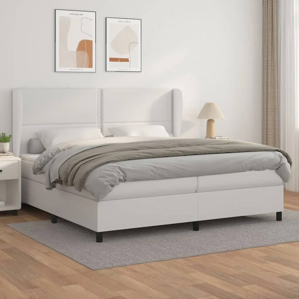 vidaXL Κρεβάτι Boxspring με Στρώμα Λευκό 200x200 εκ. Συνθετικό Δέρμα