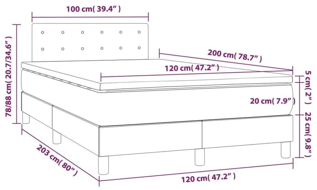 Κρεβάτι Boxspring με Στρώμα &amp; LED Αν.Γκρι 120x200 εκ. Βελούδινο - Γκρι