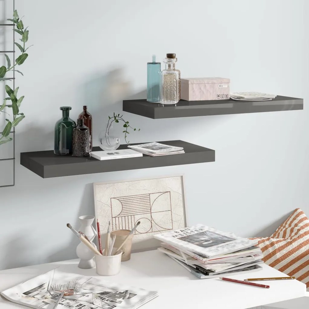 vidaXL Ράφια Τοίχου Γυαλιστερά Γκρι 2 Τεμάχια 60 x 23,5 x 3,8 εκ. MDF