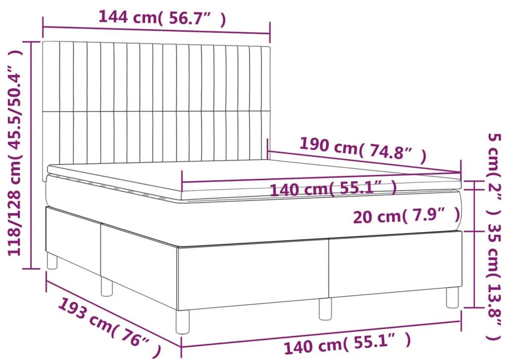 Κρεβάτι Boxspring με Στρώμα &amp; LED Σκ.Γκρι 140x190εκ. Υφασμάτινο - Γκρι