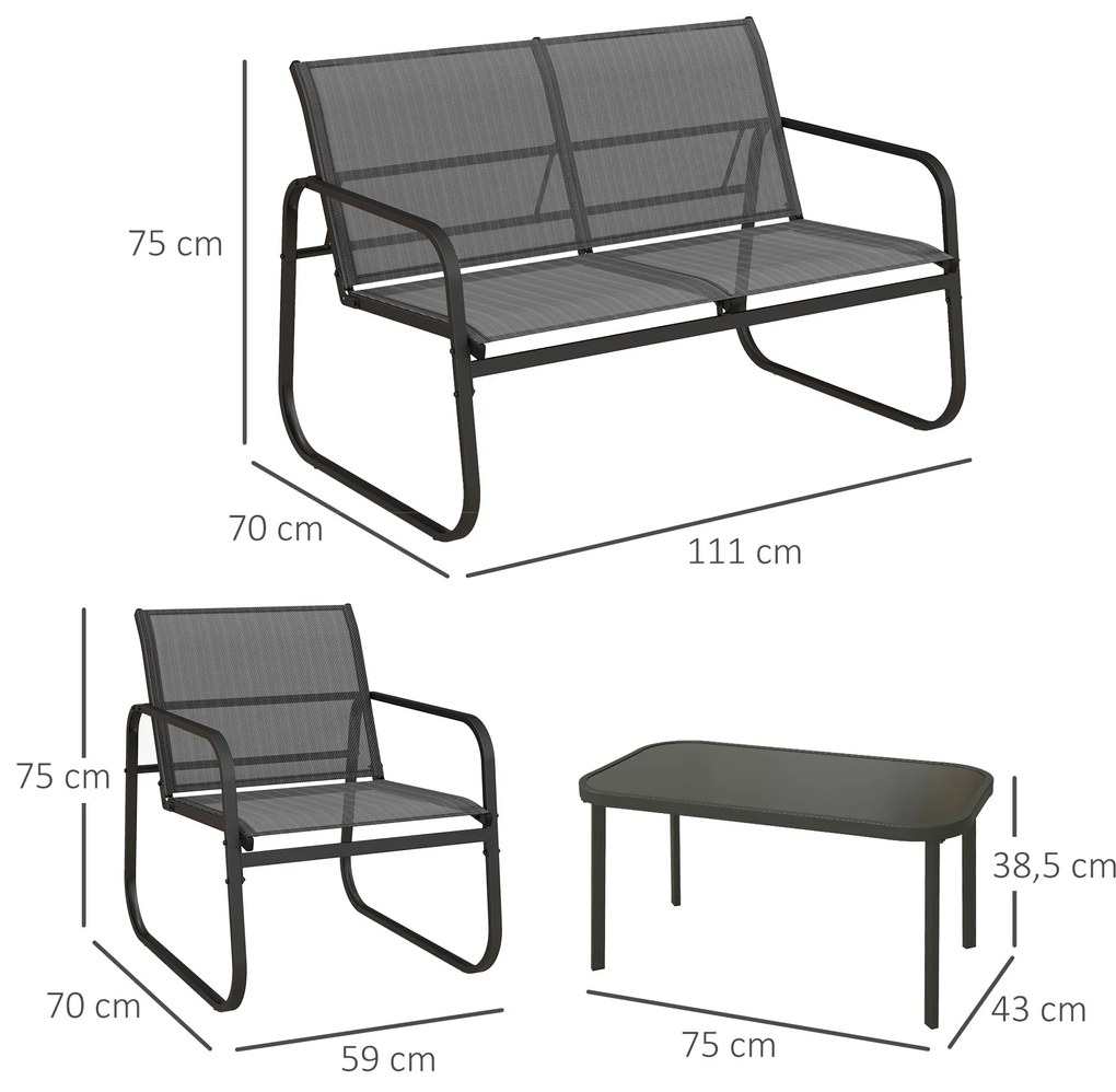 Outsunny Σετ επίπλων κήπου 4 τεμαχίων, 2 πολυθρόνες, καναπές 2 θέσεων, τραπέζι με γυάλινη επιφάνεια, αναπνέον ύφασμα, μεταλλικός σκελετός, μαύρο