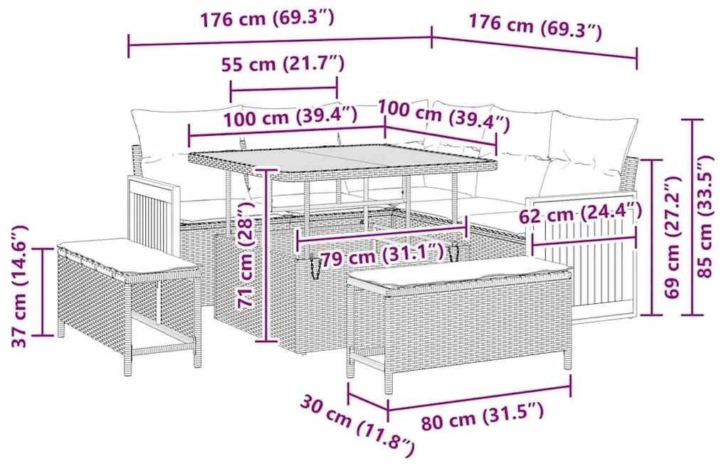 vidaXL Σετ Καναπέ Κήπου με μαξιλάρι 8 pcs Γκρι 100 x 100 x 71 cm