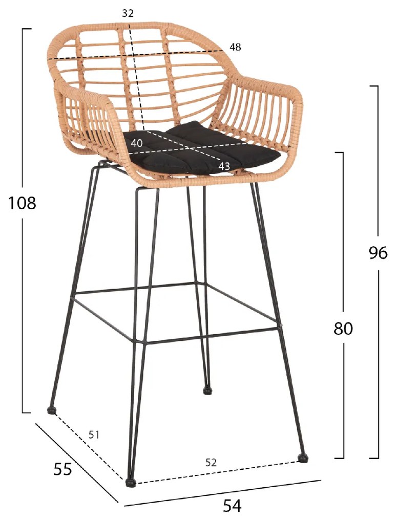 ΣΚΑΜΠΟ ΜΠΑΡ ΨΗΛΟ ALLEGRA HM5640.11 ΜΠΕΖ P.E. RATTAN-ΜΑΥΡΟ ΜΕΤΑΛΛΟ 54x55x108Υεκ.