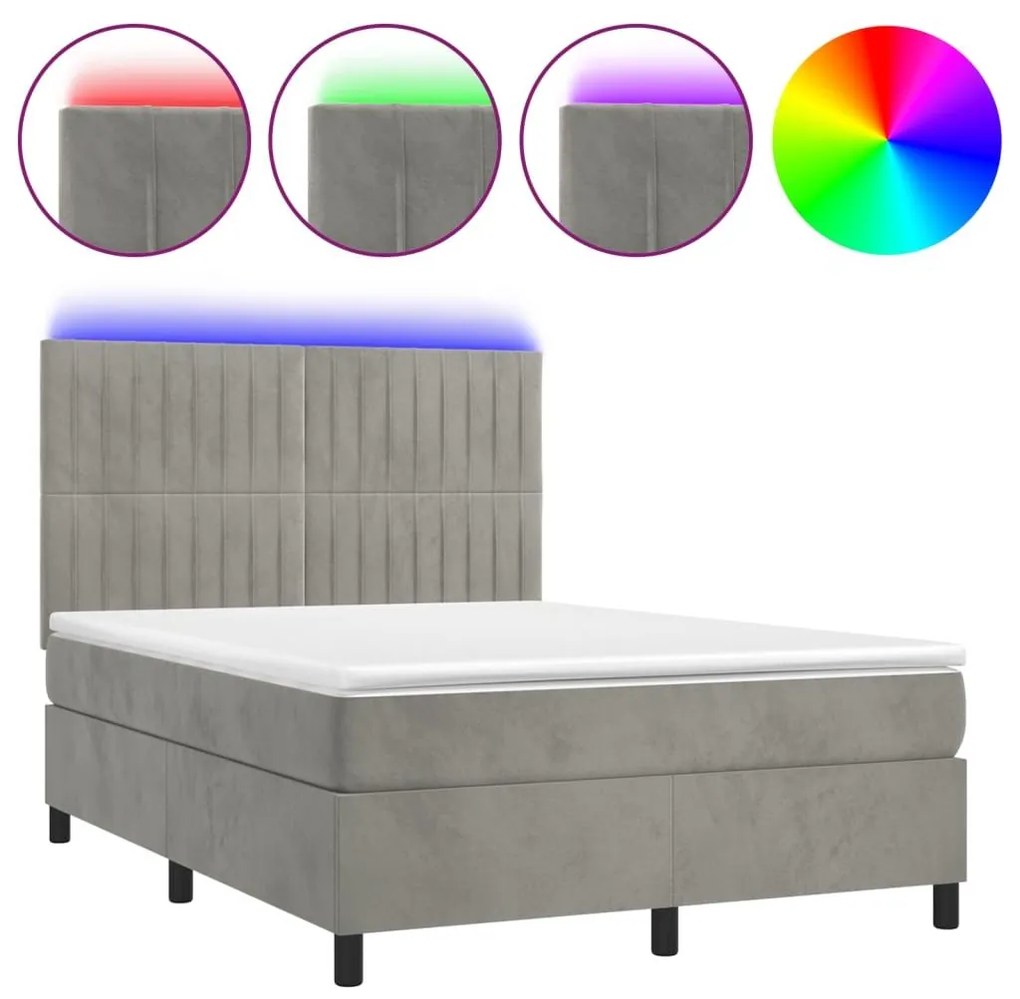 Κρεβάτι Boxspring με Στρώμα &amp; LED Αν.Γκρι 140x200 εκ. Βελούδινο - Γκρι