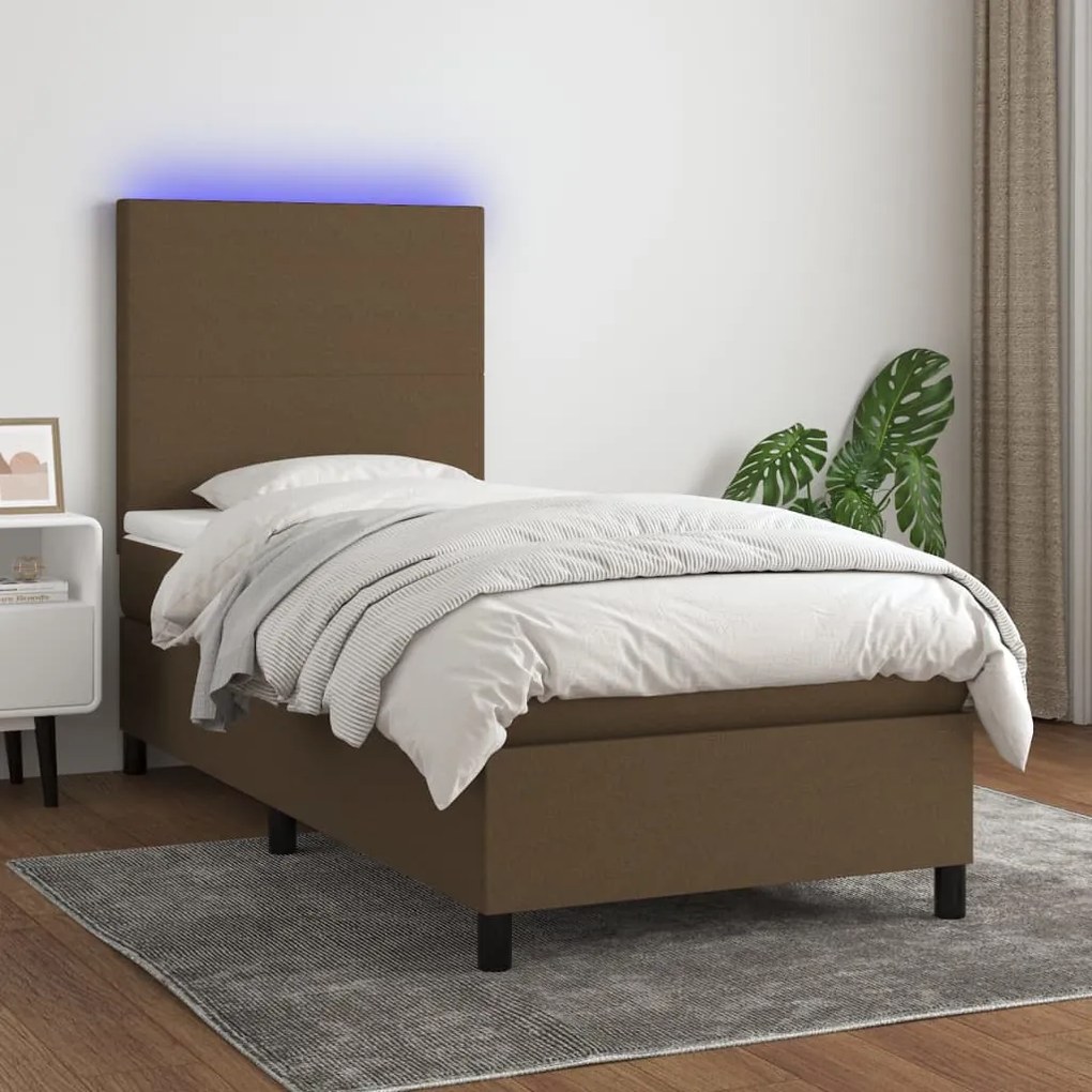 Κρεβάτι Boxspring με Στρώμα &amp; LED Σκ.Καφέ 90x200 εκ. Υφασμάτινο