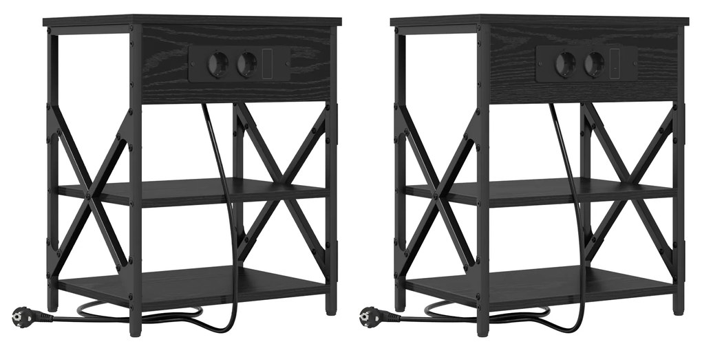 vidaXL Κομοδίνο με Σταθμό Φόρτισης 2 pcs Μαύρη δρυς Επεξεργασμένο ξύλο