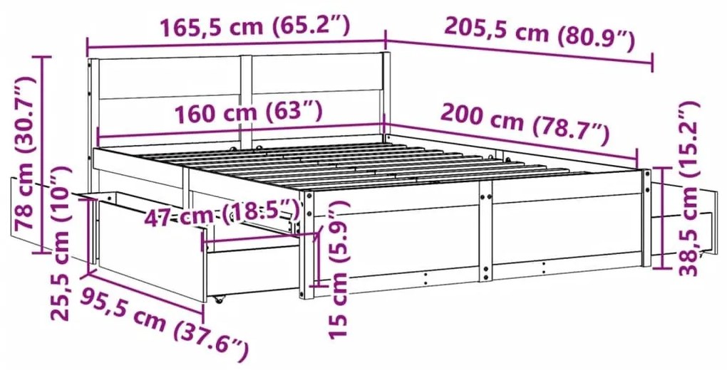 Πλαίσιο Κρεβατιού με Συρτάρια Μελί 160x200εκ. Μασίφ Ξύλο Πεύκου - Καφέ