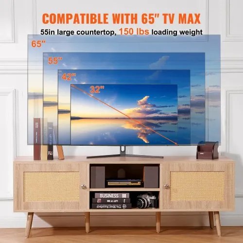 VEVOR Rattan TV Stand for 65&quot; TV Boho TV Stand with Build-in Socket Oak