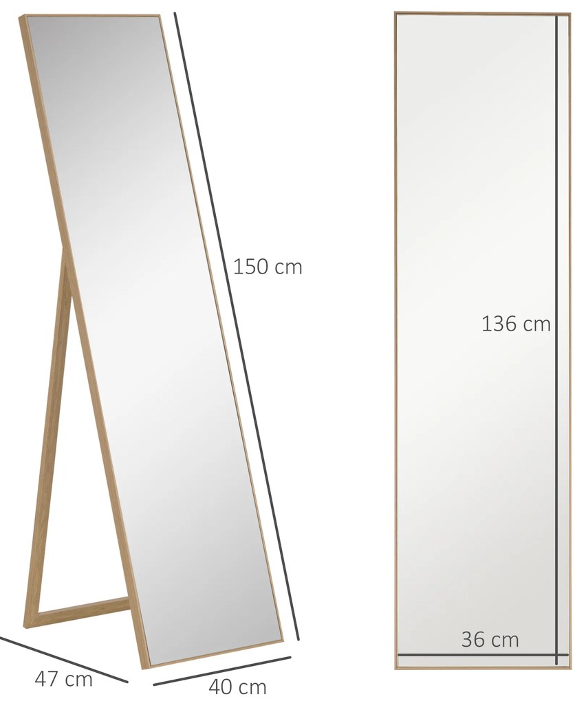 HOMCOM Καθρέφτης Ολόσωμος με Βάση, Ελεύθερος Στέκεται, 40 εκ. x 150 εκ., Φυσικό