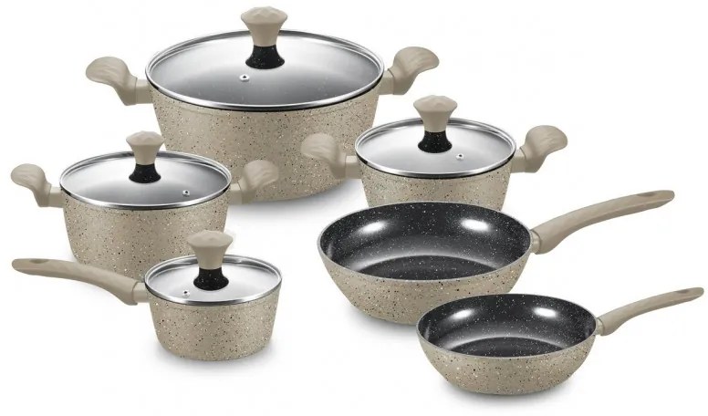 Σετ κατσαρόλες και τηγάνια Royalty Line FD10, 10 τεμάχια, Χυτό αλουμίνιο, επίστρωση μαρμάρου Greblon, Επαγωγή, Μπεζ