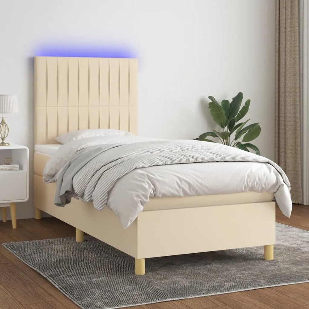 vidaXL Κρεβάτι Boxspring με Στρώμα & LED Κρεμ 100x200 εκ. Υφασμάτινο