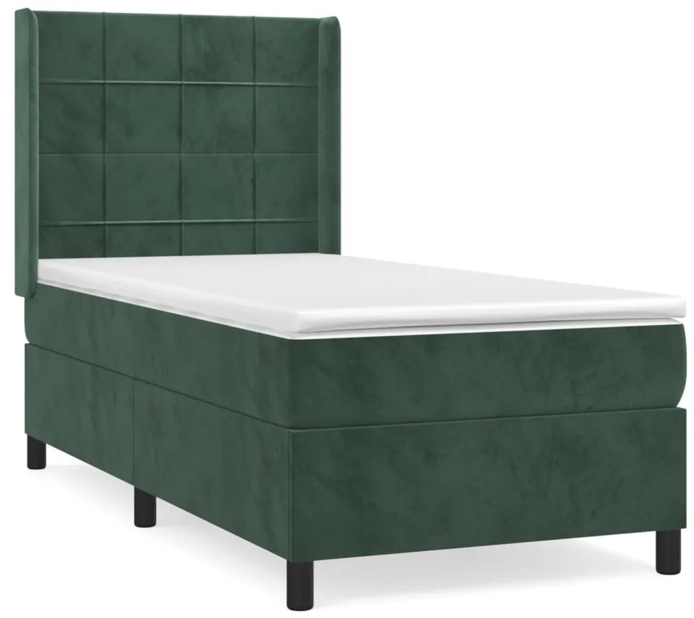 vidaXL Κρεβάτι Boxspring με Στρώμα Σκούρο Πράσινο 100x200εκ. Βελούδινο