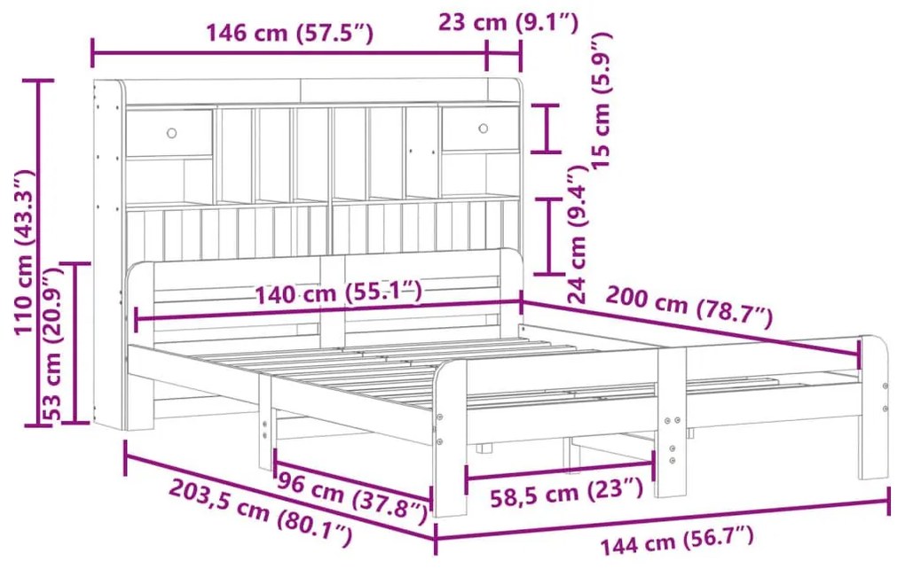 Κρεβάτι Βιβλιοθήκη Χωρίς Στρώμα 140x200 εκ Μασίφ Ξύλο Πεύκου - Καφέ