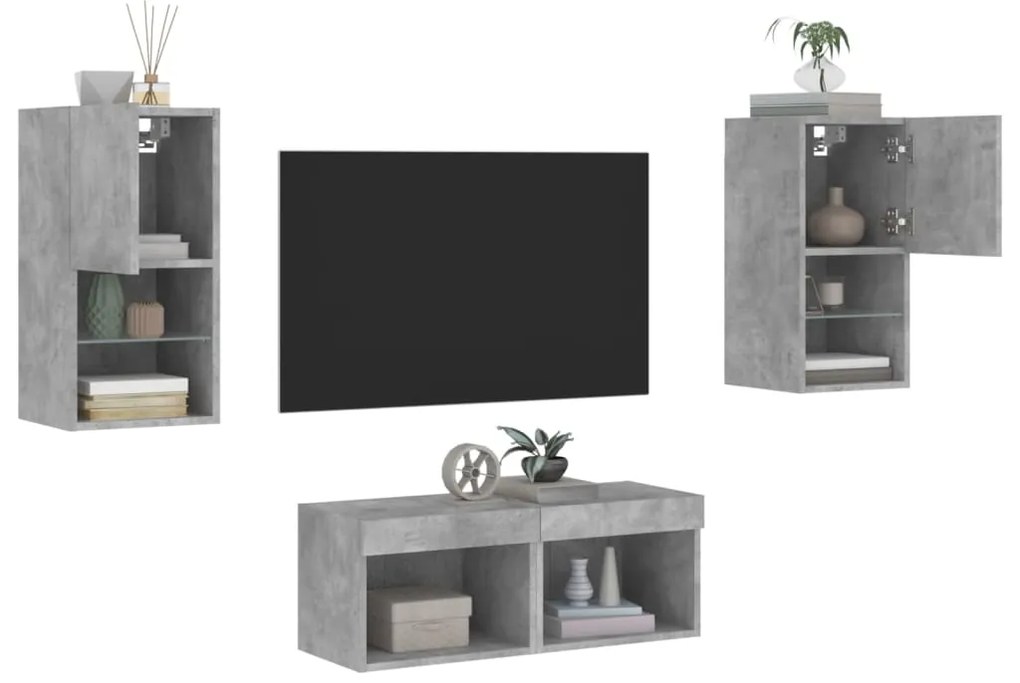 vidaXL Ντουλάπια Τηλεόρασης Τοίχου 4Τεμ. με Φώτα LED Γκρι Σκυροδέματος