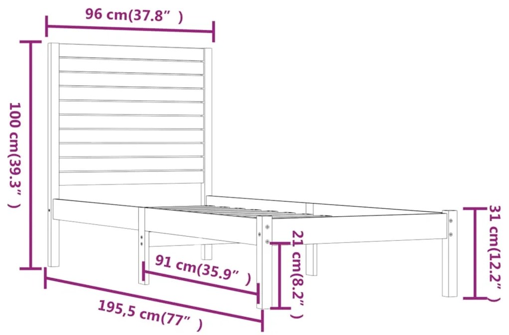 vidaXL Πλαίσιο Κρεβατιού Λευκό 90 x 190 εκ. Μασίφ Ξύλο Single