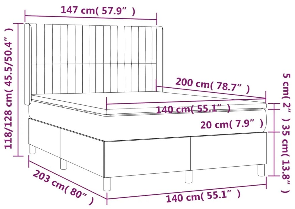 Κρεβάτι Boxspring με Στρώμα &amp; LED Σκ. Μπλε 140x200εκ. Βελούδινο - Μπλε