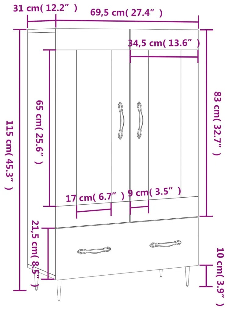 Ντουλάπα Γκρι Sonoma 69,5 x 31 x 115 εκ. από Επεξεργασμένο Ξύλο - Γκρι