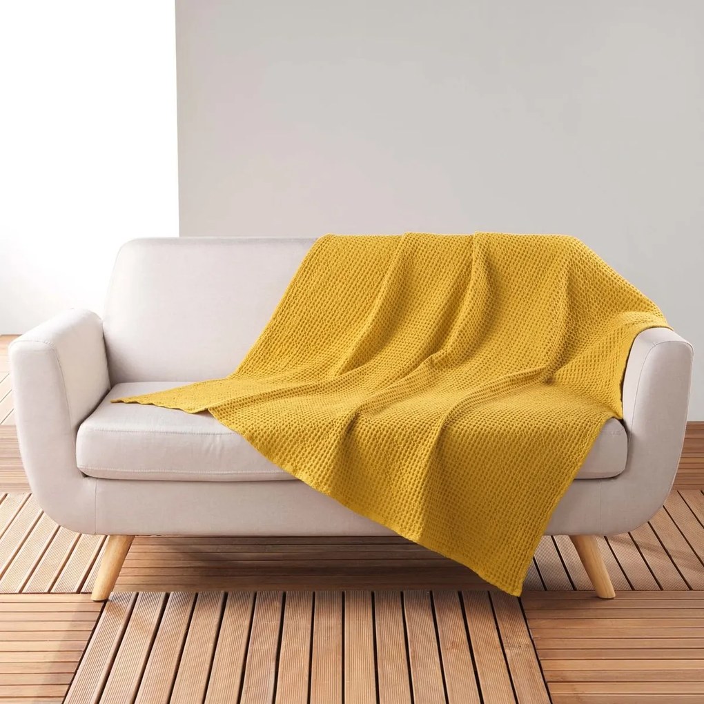 Ριχτάρια	 Douceur d intérieur  PLAID 125 x 150 CM COTON UNI GAUFRETTE JAUNE