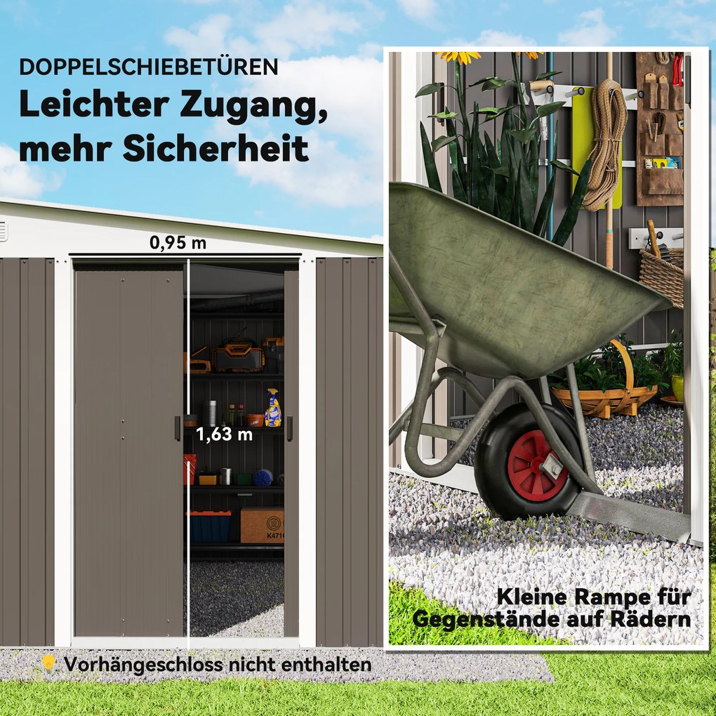 Outsunny Μεταλλικό Υπόστεγο Αποθήκευσης Κήπου, Επικλινής Στέγη, Διπλή Πόρτα που Κλειδώνει, 2,8 x 3,45 x 2,01m, Γκρι