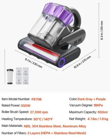 VEVOR Mattress Vacuum Cleaner with 18Kpa Powerful Suction HEPA Filter 550W Gray