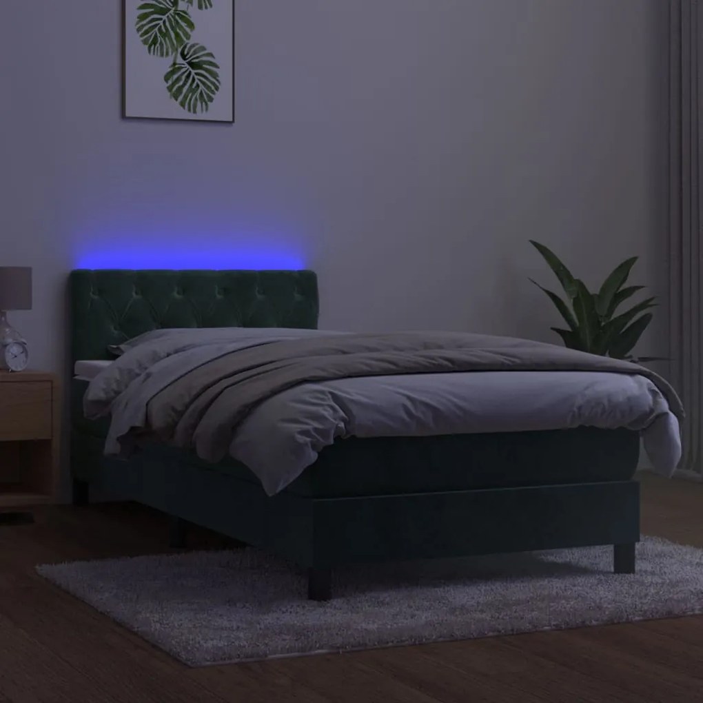 vidaXL Κρεβάτι Boxspring με Στρώμα & LED Σκ. Πράσινο 80x200 εκ Βελούδο