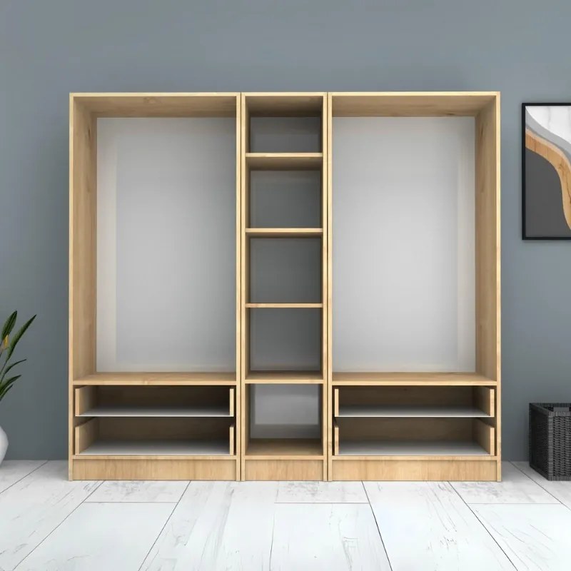 Ντουλάπα ρούχων Ricardo Megapap πεντάφυλλη με συρτάρια χρώμα φυσικό οξιάς 200x51,8x181εκ.