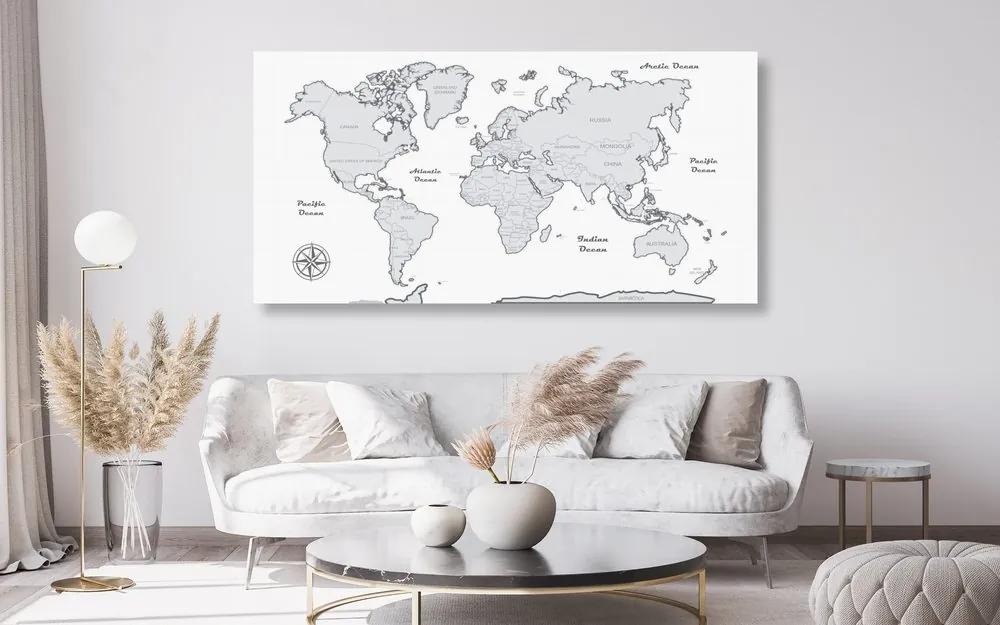 Εικόνα στο φελλό ενός όμορφου ασπρόμαυρου παγκόσμιου χάρτη - 100x50  wooden