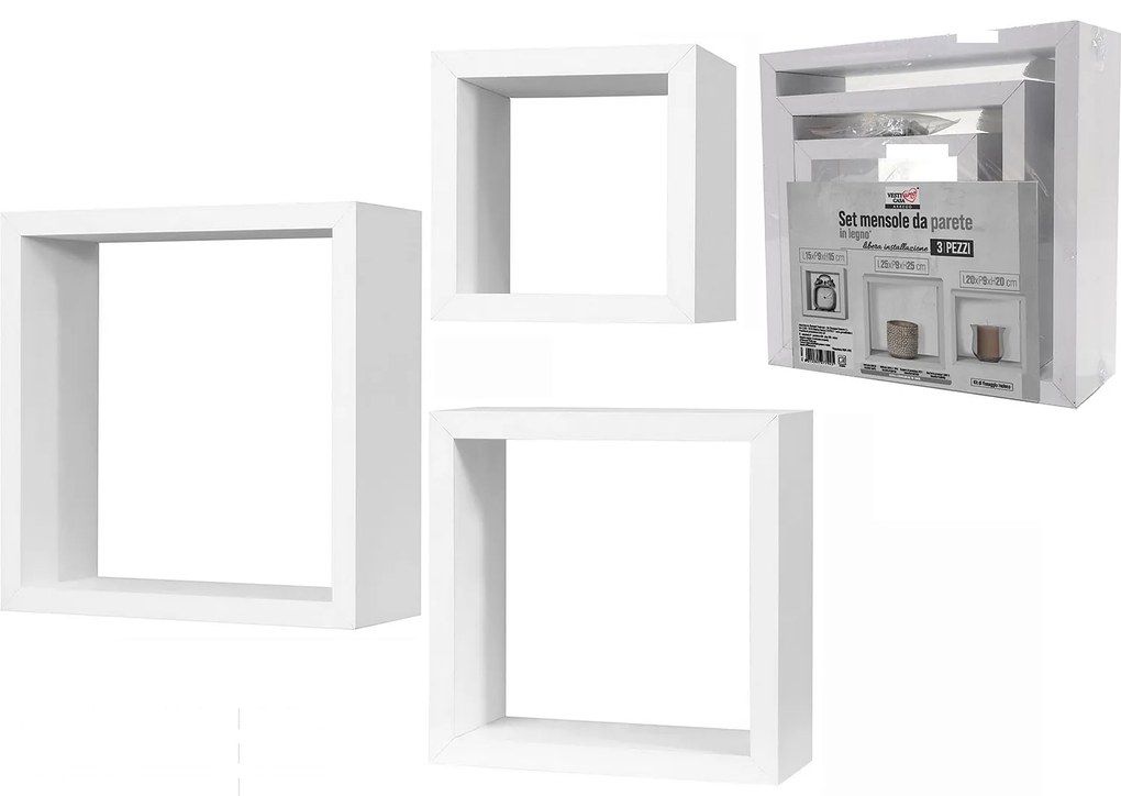 Σετ Ράφια Κυβικά ArteLibre Λευκά Ξύλο 25x25x9cm/20x20x9cm/15x15x9cm 3Τμχ
