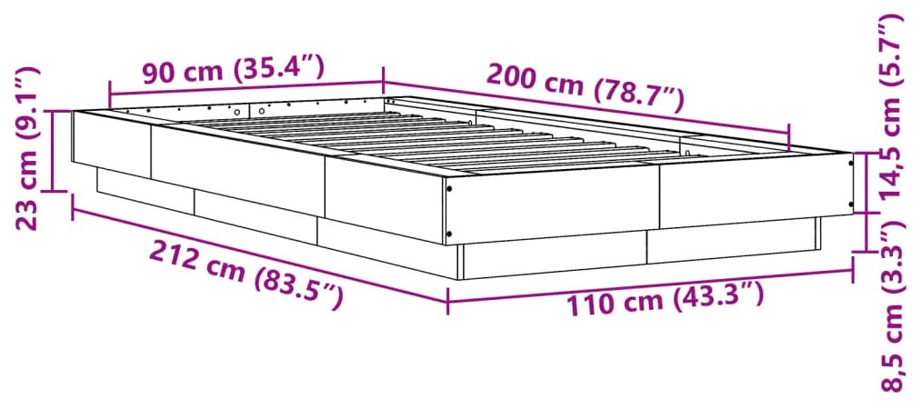 Πλαίσιο Κρεβατιού Γκρι Sonoma 90x200 εκ. Επεξεργασμένο Ξύλο - Γκρι