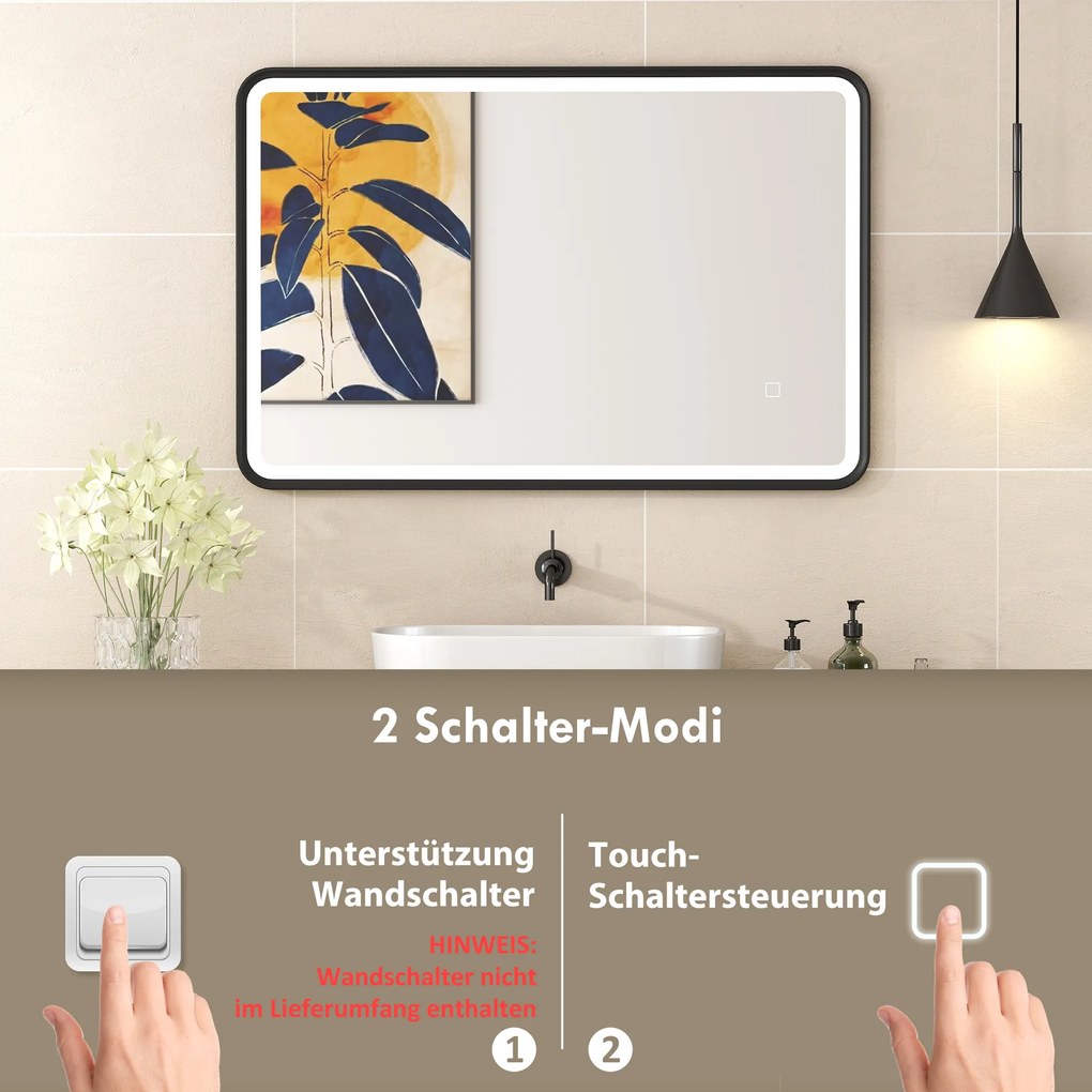 Καθρέφτης μπάνιου LED 90 x 60 cm, φώτα, 3 χρώματα, με δυνατότητα ρύθμισης φωτεινότητας, λειτουργία μνήμης, οριζόντια και κάθετη, μαύρο