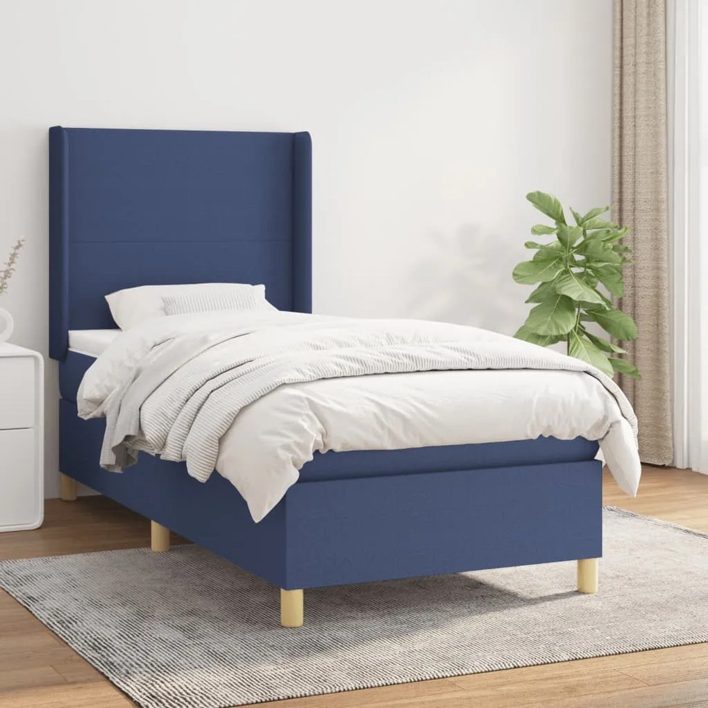 vidaXL Κρεβάτι Boxspring με Στρώμα Μπλε 90x200 εκ.Υφασμάτινο