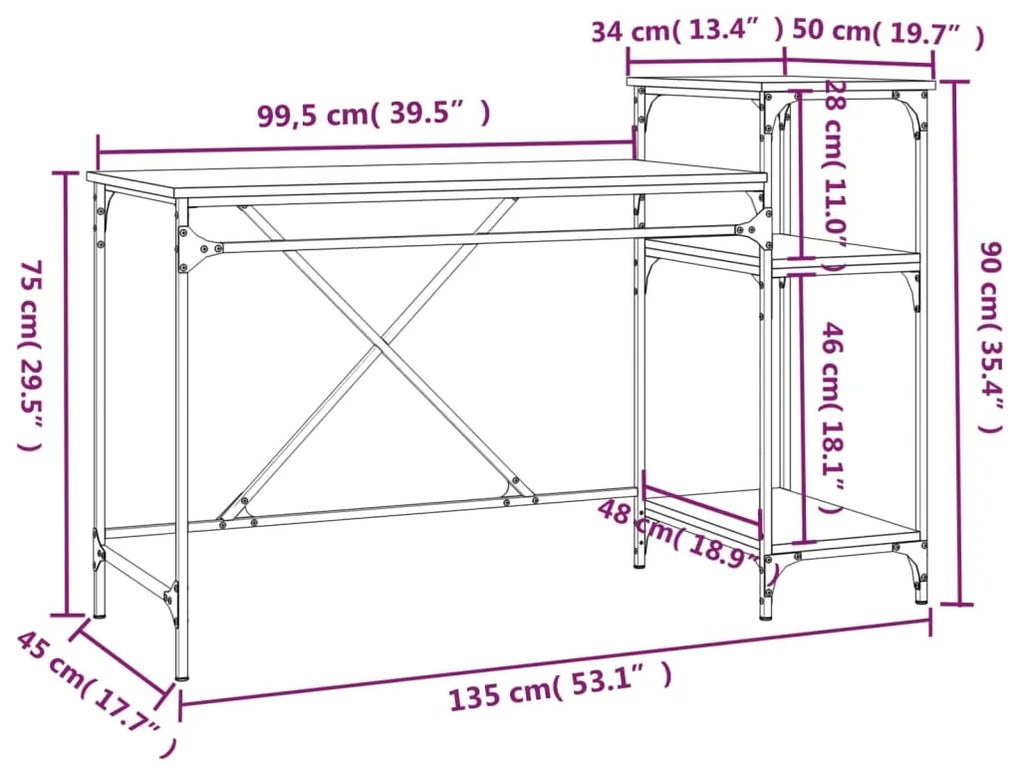 Γραφείο με Ράφια Sonoma Δρυς 135x50x90 εκ. Επεξ. Ξύλο/Σίδηρος - Καφέ