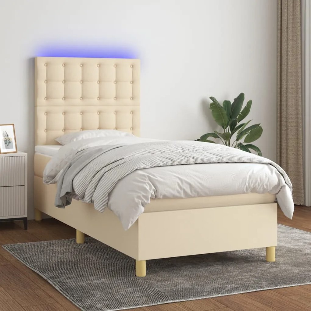 Κρεβάτι Boxspring με Στρώμα &amp; LED Κρεμ 90x190 εκ. Υφασμάτινο - Κρεμ