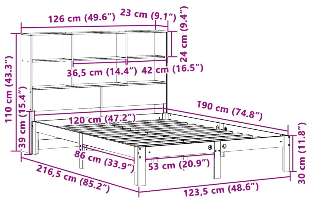 Κρεβάτι Βιβλιοθήκη Χωρίς Στρώμα 120x190 εκ Μασίφ Ξύλο Πεύκου - Καφέ