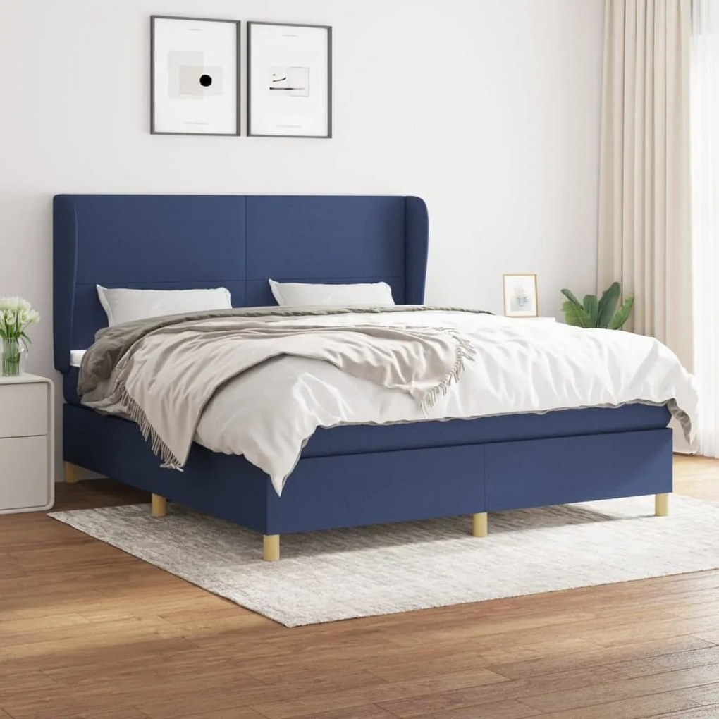 Κρεβάτι Boxspring με Στρώμα Μπλε 160x200 εκ. Υφασμάτινο - Μπλε