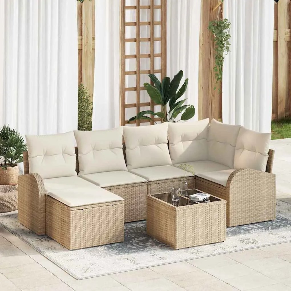 vidaXL Σετ Καναπέ Κήπου με μαξιλάρι 7 pcs Μπεζ Πολυ ράταν