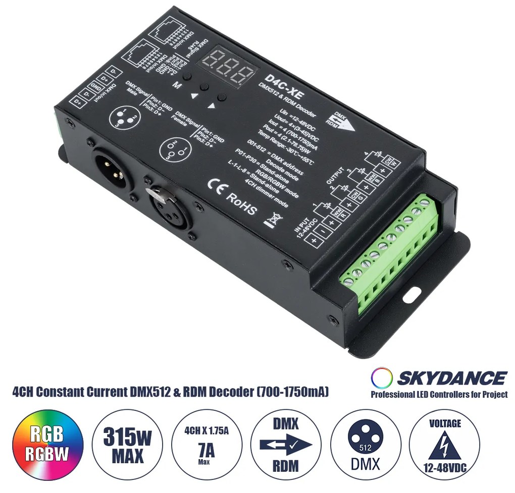 GloboStar® 73147 D4C-XE SKYDANCE DC DMX512 Constant Current &amp; RDM Decoder 4 Καναλιών DC 12-48V 4 x 1.75A 315W - Max 7A 315W - IP20 Π16.5 x Π7 x Υ3.7cm - 5 Χρόνια Εγγύηση