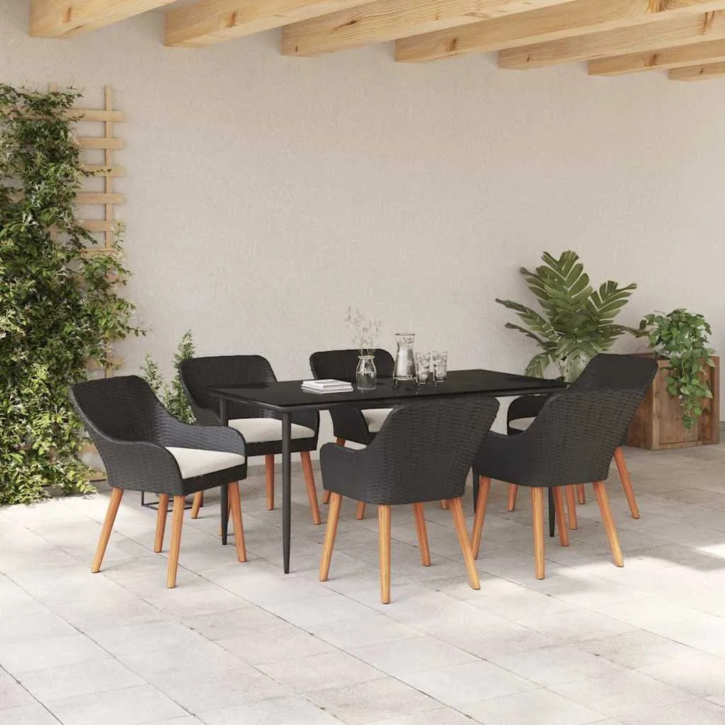 vidaXL Σέτ φαγητού για κήπο με μαξιλάρι 7 pcs Μαύρο συνθετικό ρατάν