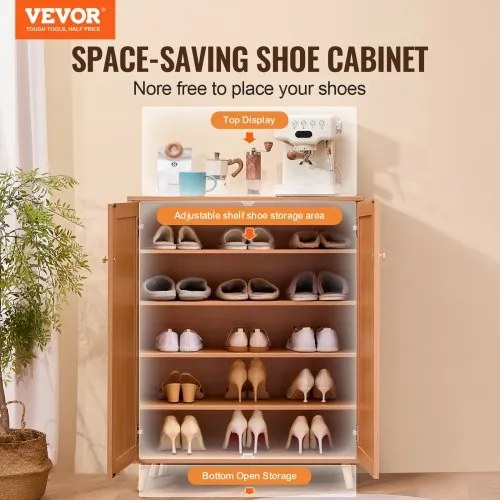VEVOR Rattan Shoe Cabinet 5 Tiers Shoe Organizer 2 Doors &amp; Adjustable Shelves