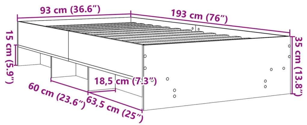 Πλαίσιο Κρεβατιού Γκρι Sonoma 90 x 190 εκ. Επεξεργασμένο Ξύλο - Γκρι