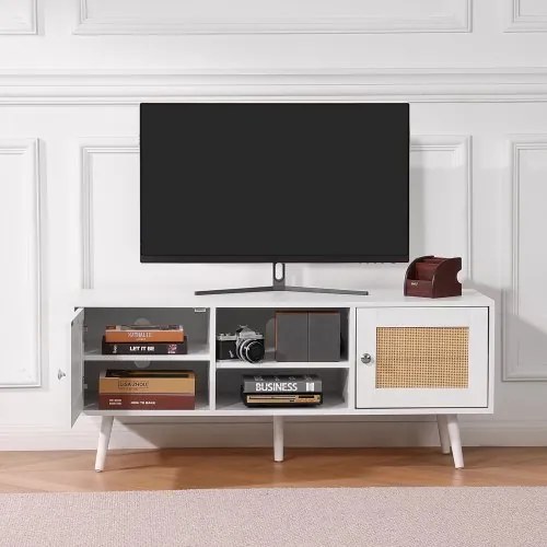 VEVOR Rattan TV Stand, Boho TV Cabinet for 55 inch TV, Mid Century Modern TV Stand, Rattan TV Console with Adjustable Shelfs for  Living Room, Media Room, White